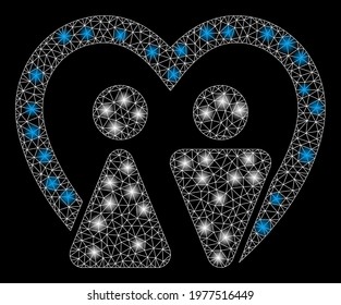 Glossy mesh marriage with glow effect. Abstract illuminated model of marriage icon. Shiny wire frame triangular mesh marriage. Vector abstraction on a black background.