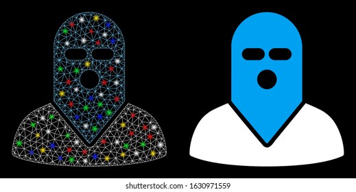 Glossy mesh masked killer icon with glare effect. Abstract illuminated model of masked killer. Shiny wire frame triangular network masked killer icon. Vector abstraction on a black background.