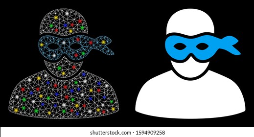 Glossy mesh masked thief icon with glow effect. Abstract illuminated model of masked thief. Shiny wire carcass triangular mesh masked thief icon. Vector abstraction on a black background.