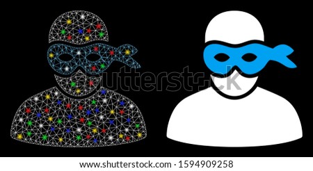 Glossy mesh masked thief icon with glow effect. Abstract illuminated model of masked thief. Shiny wire carcass triangular mesh masked thief icon. Vector abstraction on a black background.