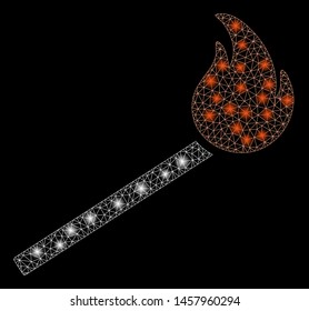 Glossy mesh match fire with sparkle effect. Abstract illuminated model of match fire icon. Shiny wire carcass triangular mesh match fire. Vector abstraction on a black background.