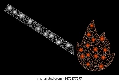 Glossy mesh match flame with glare effect. Abstract illuminated model of match flame icon. Shiny wire frame polygonal mesh match flame. Vector abstraction on a black background.
