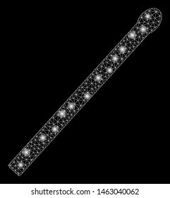 Glossy mesh match with glare effect. Abstract illuminated model of match icon. Shiny wire carcass polygonal mesh match. Vector abstraction on a black background.