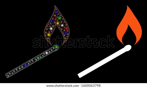 Glossy mesh match ignition icon with\
lightspot effect. Abstract illuminated model of match ignition.\
Shiny wire frame triangular mesh match ignition icon. Vector\
abstraction on a black\
background.
