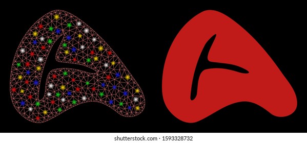 Glossy mesh meat steak icon with sparkle effect. Abstract illuminated model of meat steak. Shiny wire carcass triangular mesh meat steak icon. Vector abstraction on a black background.