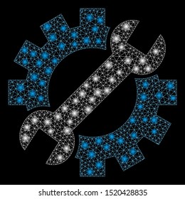 Glossy mesh mechanic tools with glare effect. Abstract illuminated model of mechanic tools icon. Shiny wire carcass triangular network mechanic tools. Vector abstraction on a black background.