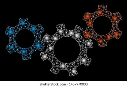 Glossy mesh mechanics with glitter effect. Abstract illuminated model of mechanics icon. Shiny wire carcass triangular mesh mechanics. Vector abstraction on a black background.