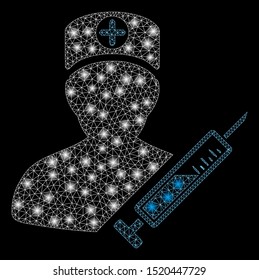 Glossy mesh medic with glare effect. Abstract illuminated model of medic icon. Shiny wire carcass triangular mesh medic. Vector abstraction on a black background.