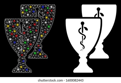 Glossy mesh medical award cups icon with glow effect. Abstract illuminated model of medical award cups. Shiny wire frame triangular mesh medical award cups icon.
