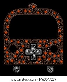 Glossy mesh medical bus with sparkle effect. Abstract illuminated model of medical bus icon. Shiny wire carcass polygonal mesh medical bus. Vector abstraction on a black background.