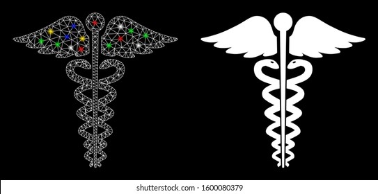 Glossy mesh medical caduceus emblem icon with glow effect. Abstract illuminated model of medical caduceus emblem. Shiny wire frame triangular network medical caduceus emblem icon.