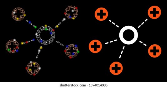 Glossy mesh medical connections icon with glare effect. Abstract illuminated model of medical connections. Shiny wire carcass triangular mesh medical connections icon.