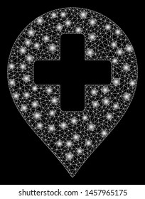 Glossy mesh medical cross marker with glare effect. Abstract illuminated model of medical cross marker icon. Shiny wire carcass polygonal mesh medical cross marker.