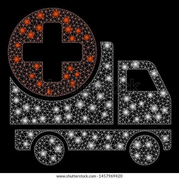 Glossy mesh medical delivery with glitter\
effect. Abstract illuminated model of medical delivery icon. Shiny\
wire frame triangular mesh medical delivery. Vector abstraction on\
a black background.