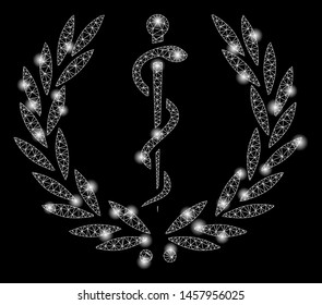 Glossy mesh medical honor laurel wreath with sparkle effect. Abstract illuminated model of medical honor laurel wreath icon. Shiny wire frame polygonal network medical honor laurel wreath.