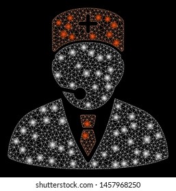 Glossy mesh medical manager with sparkle effect. Abstract illuminated model of medical manager icon. Shiny wire carcass triangular mesh medical manager. Vector abstraction on a black background.