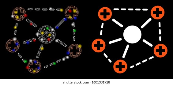 Glossy mesh medical network structure icon with sparkle effect. Abstract illuminated model of medical network structure. Shiny wire frame polygonal mesh medical network structure icon.