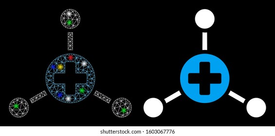 Glossy mesh medical node links icon with glare effect. Abstract illuminated model of medical node links. Shiny wire frame triangular mesh medical node links icon.