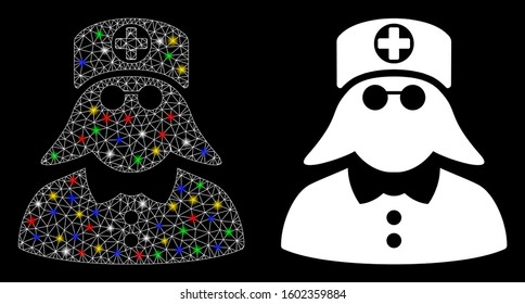Glossy mesh medical nurse icon with glow effect. Abstract illuminated model of medical nurse. Shiny wire frame triangular mesh medical nurse icon. Vector abstraction on a black background.