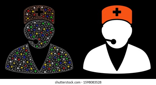 Glossy mesh medical operator icon with lightspot effect. Abstract illuminated model of medical operator. Shiny wire frame polygonal mesh medical operator icon.