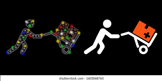 Glossy mesh medical shopping cart icon with glitter effect. Abstract illuminated model of medical shopping cart. Shiny wire frame triangular mesh medical shopping cart icon.
