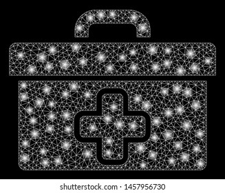 Glossy mesh medical tools box with glow effect. Abstract illuminated model of medical tools box icon. Shiny wire carcass polygonal mesh medical tools box. Vector abstraction on a black background.