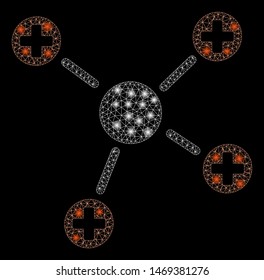 Glossy mesh medicine links with glare effect. Abstract illuminated model of medicine links icon. Shiny wire carcass triangular mesh medicine links. Vector abstraction on a black background.