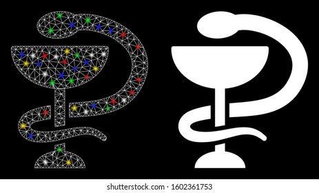 Glossy mesh medicine snake emblem icon with lightspot effect. Abstract illuminated model of medicine snake emblem. Shiny wire frame polygonal mesh medicine snake emblem icon.