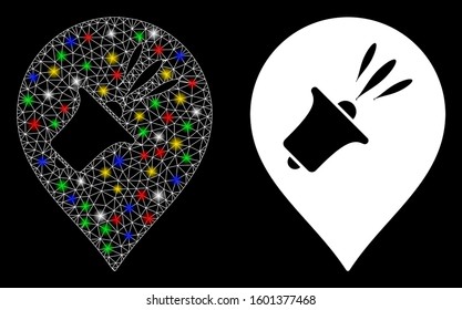 Glossy mesh megaphone map marker icon with glow effect. Abstract illuminated model of megaphone map marker. Shiny wire carcass polygonal mesh megaphone map marker icon.