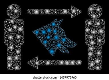 Glossy mesh men dog exchange with lightspot effect. Abstract illuminated model of men dog exchange icon. Shiny wire carcass triangular network men dog exchange.