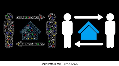 Glossy mesh men home exchange icon with lightspot effect. Abstract illuminated model of men home exchange. Shiny wire carcass triangular mesh men home exchange icon.