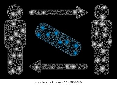 Glossy mesh men pill exchange with sparkle effect. Abstract illuminated model of men pill exchange icon. Shiny wire frame polygonal mesh men pill exchange. Vector abstraction on a black background.