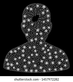Glossy mesh mental bug with glitter effect. Abstract illuminated model of mental bug icon. Shiny wire frame polygonal network mental bug. Vector abstraction on a black background.