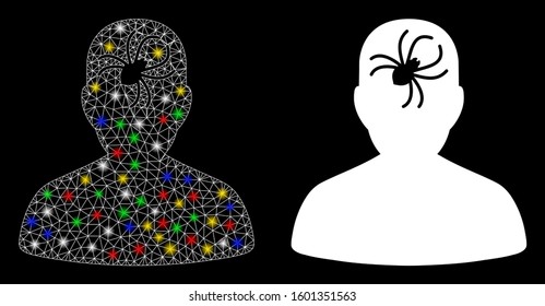 Glossy mesh mental bug icon with lightspot effect. Abstract illuminated model of mental bug. Shiny wire carcass polygonal network mental bug icon. Vector abstraction on a black background.