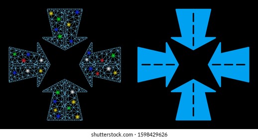 Glossy mesh merge directions icon with glow effect. Abstract illuminated model of merge directions. Shiny wire frame polygonal mesh merge directions icon. Vector abstraction on a black background.