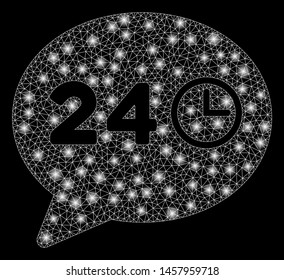 Glossy mesh message hours with lightspot effect. Abstract illuminated model of message hours icon. Shiny wire frame polygonal mesh message hours. Vector abstraction on a black background.