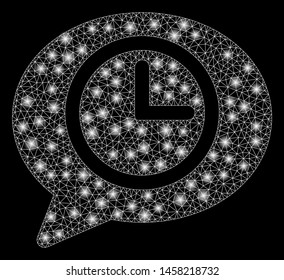 Glossy mesh message time with glare effect. Abstract illuminated model of message time icon. Shiny wire carcass polygonal mesh message time. Vector abstraction on a black background.