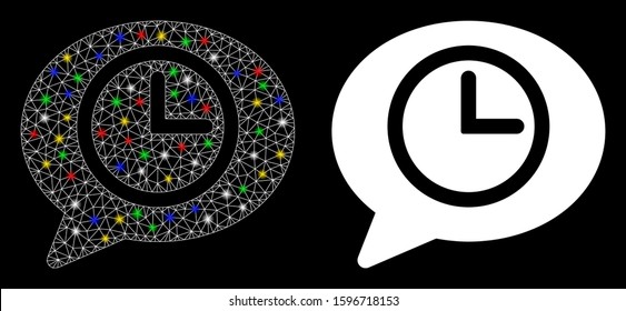 Glossy mesh message time icon with glow effect. Abstract illuminated model of message time. Shiny wire carcass triangular mesh message time icon. Vector abstraction on a black background.