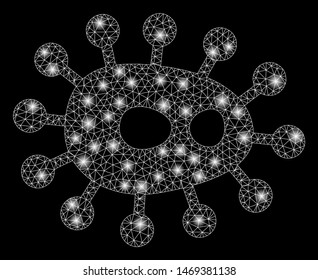 Glossy mesh microbe with glare effect. Abstract illuminated model of microbe icon. Shiny wire frame polygonal mesh microbe. Vector abstraction on a black background.