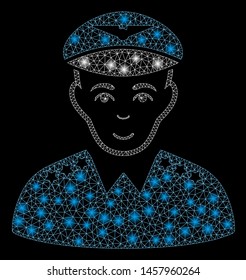 Glossy mesh military pilot officer with glitter effect. Abstract illuminated model of military pilot officer icon. Shiny wire frame triangular network military pilot officer.