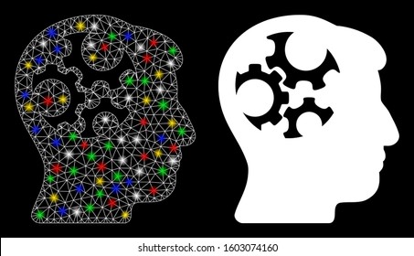 Glossy mesh mind gears icon with lightspot effect. Abstract illuminated model of mind gears. Shiny wire frame polygonal network mind gears icon. Vector abstraction on a black background.