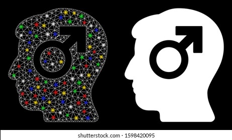 Glossy mesh mind potency icon with glitter effect. Abstract illuminated model of mind potency. Shiny wire frame triangular mesh mind potency icon. Vector abstraction on a black background.