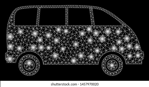 Glossy mesh minibus with lightspot effect. Abstract illuminated model of minibus icon. Shiny wire frame polygonal mesh minibus. Vector abstraction on a black background.