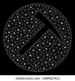 Glossy mesh mining hammer with glare effect. Abstract illuminated model of mining hammer icon. Shiny wire frame polygonal mesh mining hammer. Vector abstraction on a black background.