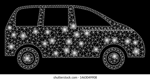 Glossy mesh minivan with sparkle effect. Abstract illuminated model of minivan icon. Shiny wire carcass triangular mesh minivan. Vector abstraction on a black background.