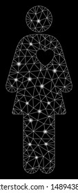 Glossy mesh mistress with glare effect. Abstract illuminated model of mistress icon. Shiny wire frame polygonal mesh mistress. Vector abstraction on a black background.