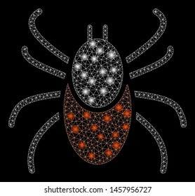 Glossy mesh mite with sparkle effect. Abstract illuminated model of mite icon. Shiny wire carcass triangular mesh mite. Vector abstraction on a black background.