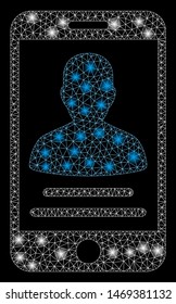 Glossy mesh mobile account with glitter effect. Abstract illuminated model of mobile account icon. Shiny wire carcass polygonal network mobile account. Vector abstraction on a black background.