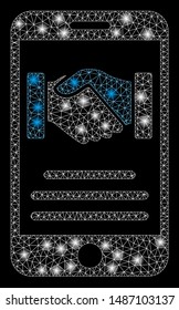 Glossy mesh mobile agreement handshake with glare effect. Abstract illuminated model of mobile agreement handshake icon. Shiny wire carcass polygonal mesh mobile agreement handshake.