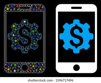 Glossy mesh mobile bank setup icon with glare effect. Abstract illuminated model of mobile bank setup. Shiny wire carcass polygonal mesh mobile bank setup icon.
